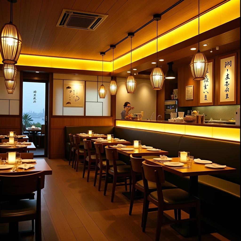 Không gian ấm cúng bên trong nhà hàng Sushi Bar 149 Nguyễn Đình Chiểu với nội thất gỗ.
