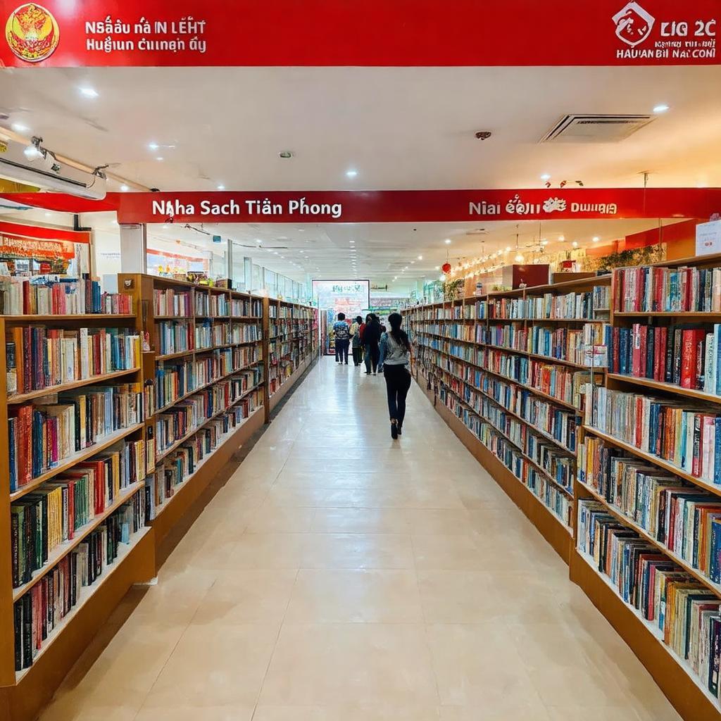 Bên trong Nhà Sách Tiền Phong Hải Dương với không gian rộng rãi, kệ sách ngăn nắp