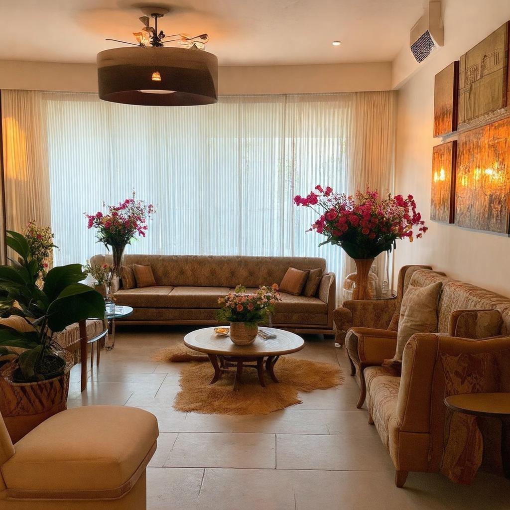 Không gian nội thất sảnh hoặc khu vực chung Dalat Boutique PNP Hotel với trang trí vintage, hoa tươi.