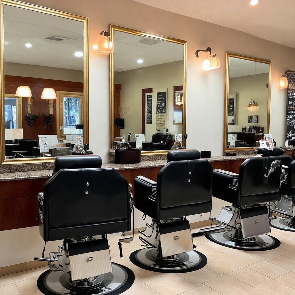 Nội thất ấm cúng và chuyên nghiệp bên trong Liêm Barber Shop với ghế cắt và gương lớn.