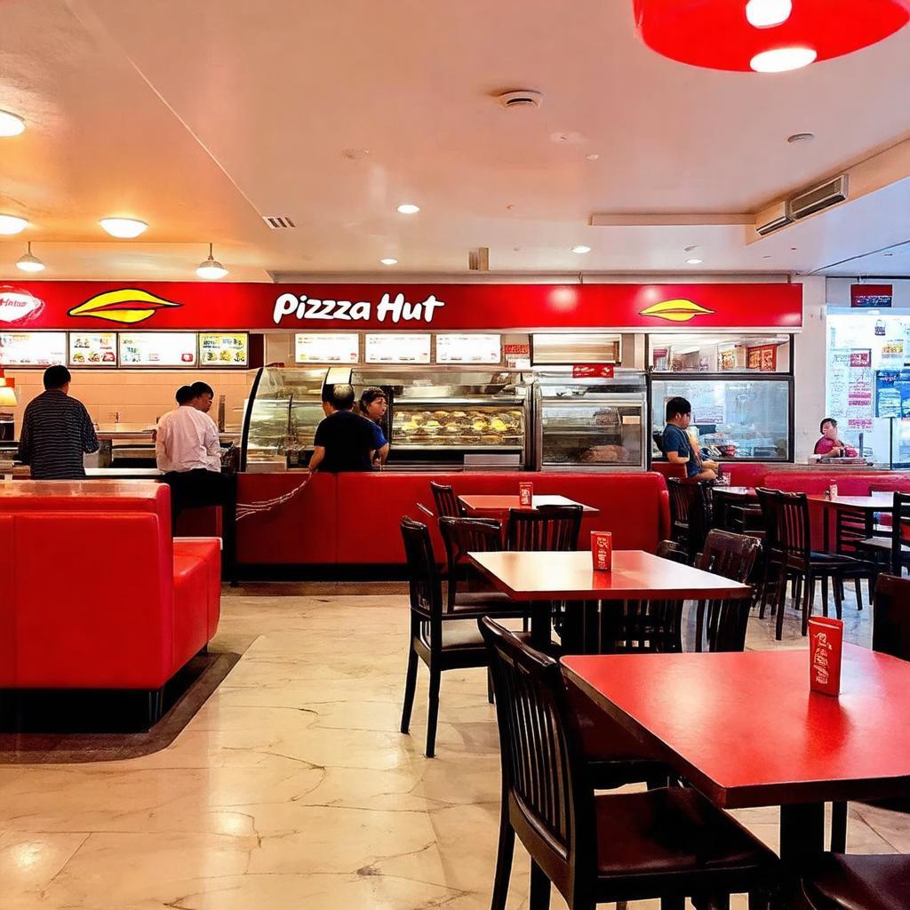 Không gian bên trong Pizza Hut Phạm Hùng với tông màu đỏ trắng đặc trưng, bố trí bàn ghế thoải mái.