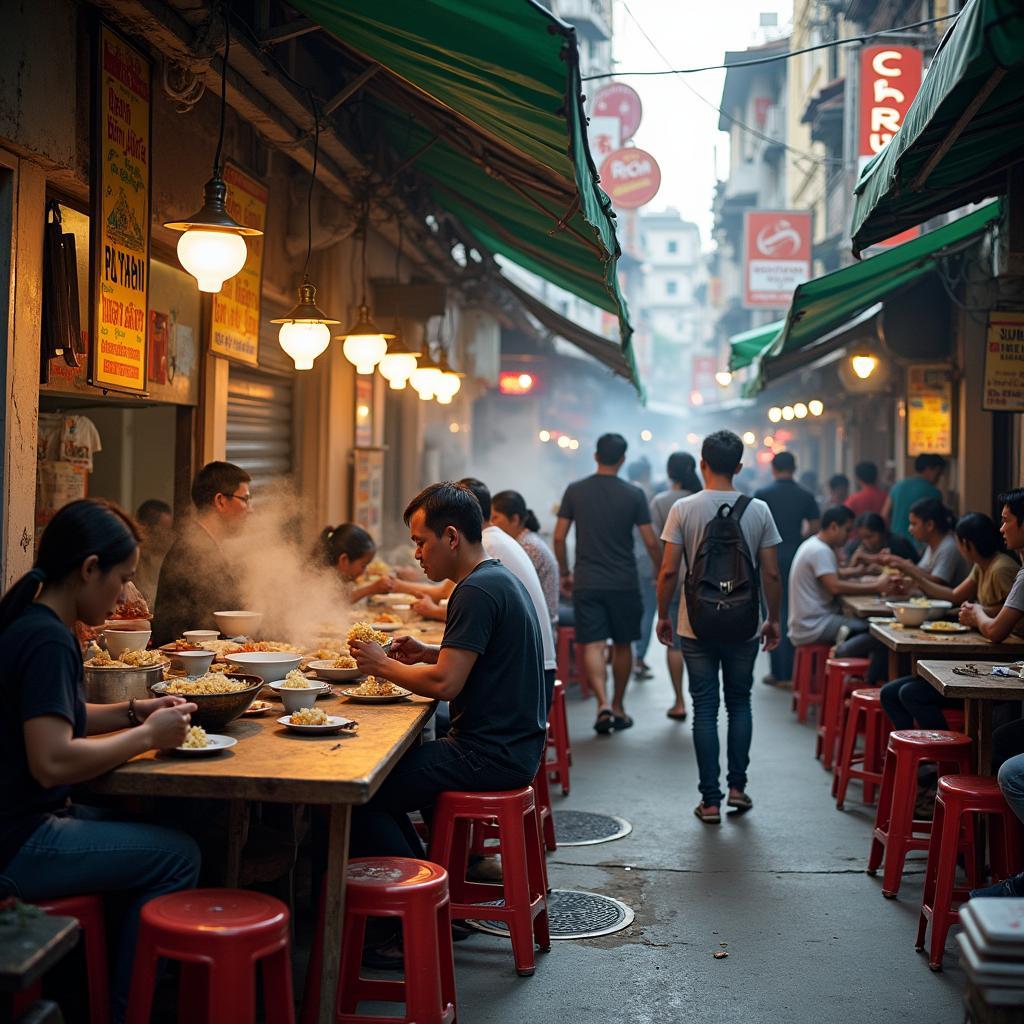 Khung cảnh bình dị quán bánh canh cua Bà Ba trong hẻm với bàn ghế nhựa, thực khách đông đúc