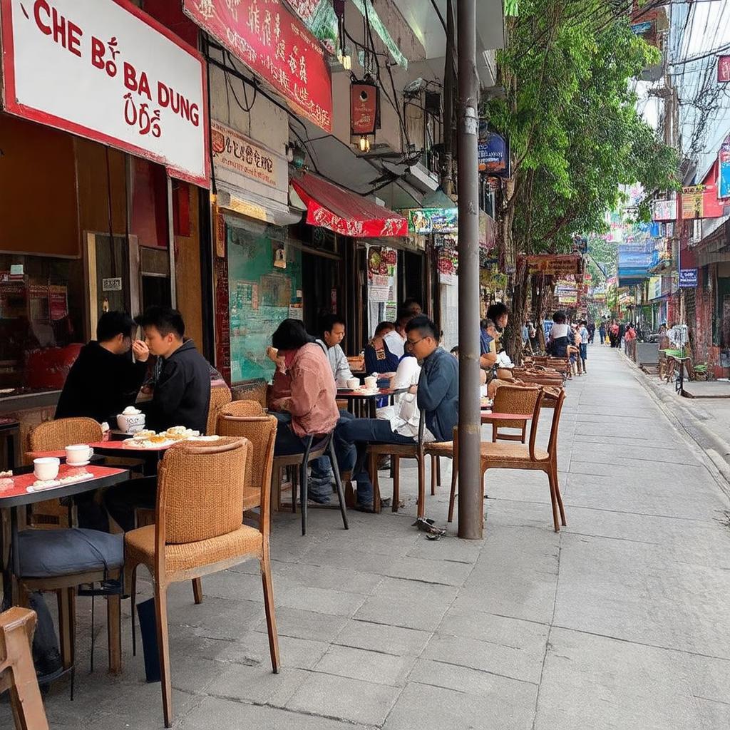 Hình ảnh không gian vỉa hè đơn giản và quen thuộc của quán Chè Bà Dung Pleiku