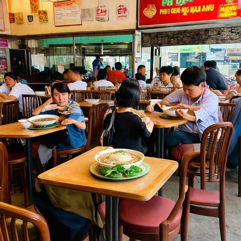 Không gian quán Phở Dậu Nam Kỳ Khởi Nghĩa bình dân, đông đúc khách đang thưởng thức phở