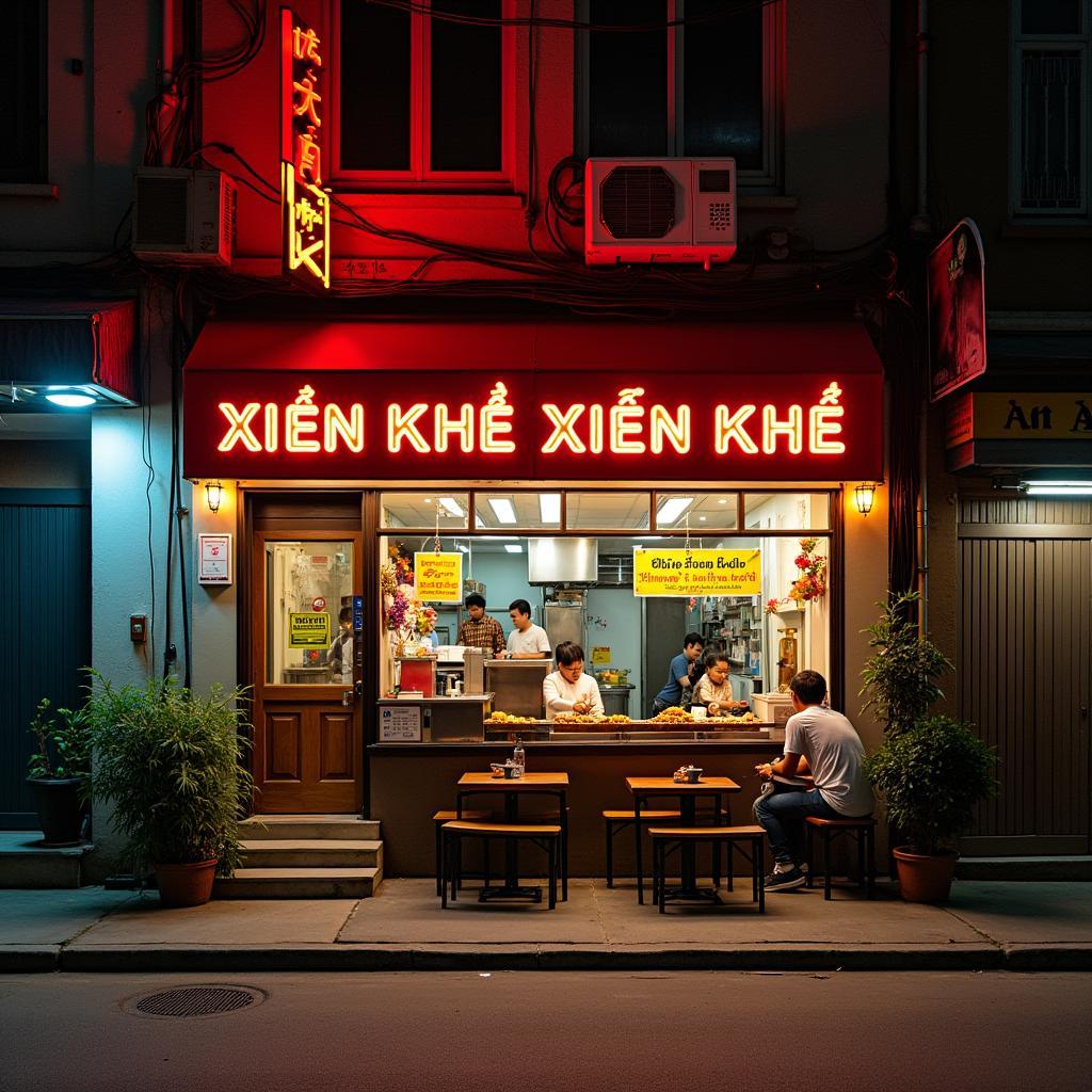 Không gian bên ngoài quán Xiên Khè 2 Lê Đức Thọ Gò Vấp vào buổi tối đông khách, với các bàn ghế sắp xếp trên vỉa hè và khu vực bếp nướng