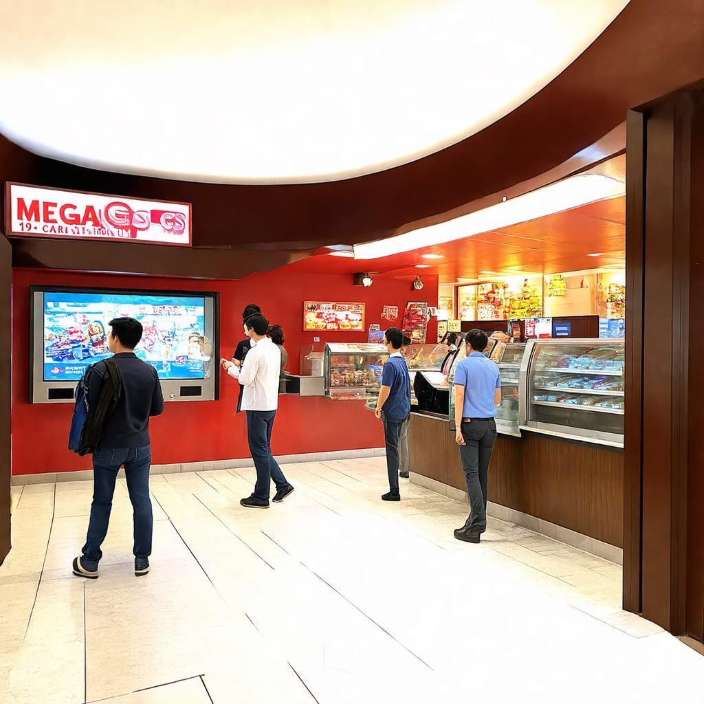 Không gian sảnh chờ và khu vực bắp nước tại Rạp Mega GS Cao Thắng