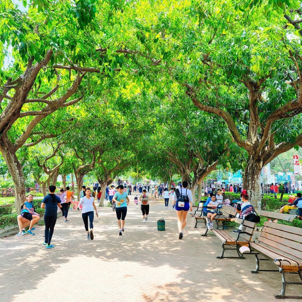 Người dân tập thể dục và thư giãn trong không gian rộng rãi, thoáng đãng tại Công viên Thanh Niên Đà Nẵng.