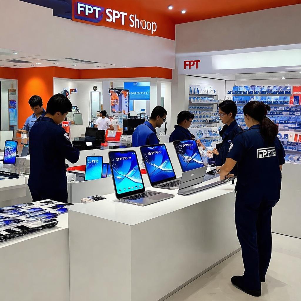 Ben trong cua hang FPT Shop Phan Van Tri voi cac khu trung bay san pham cong nghe va nhan vien tu van