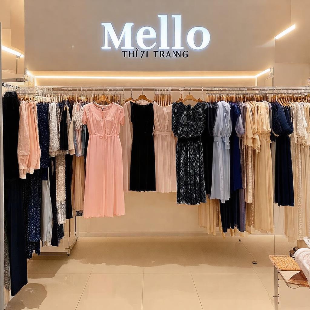 Không gian bên trong cửa hàng Thời Trang Mello gọn gàng, trưng bày quần áo nữ thanh lịch.