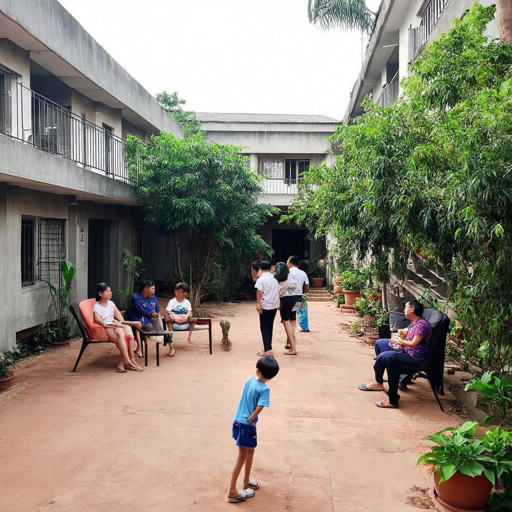Sân chung và không gian sinh hoạt cộng đồng giữa các khối nhà trong Khu 5 Tầng