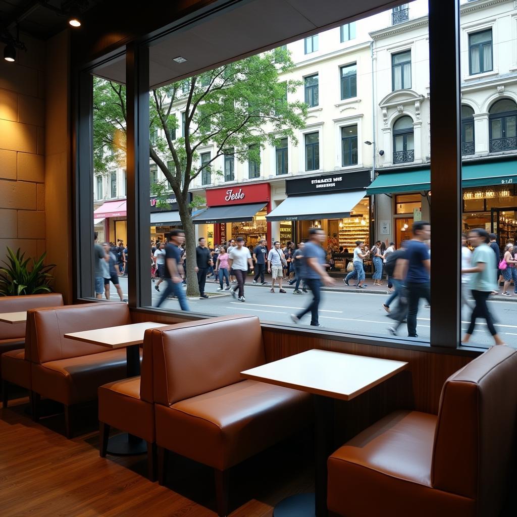 Không gian bên trong Starbucks 99 Nguyễn Huệ với tầm nhìn ra Phố đi bộ sôi động