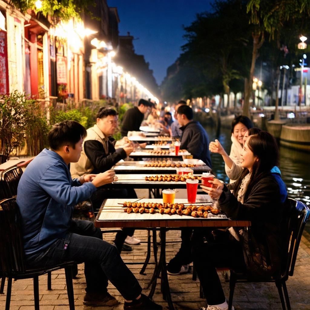 Khách hàng ngồi thoải mái tại không gian mở ven kênh của Xiên Khè Koozi, tận hưởng đồ nướng và trò chuyện