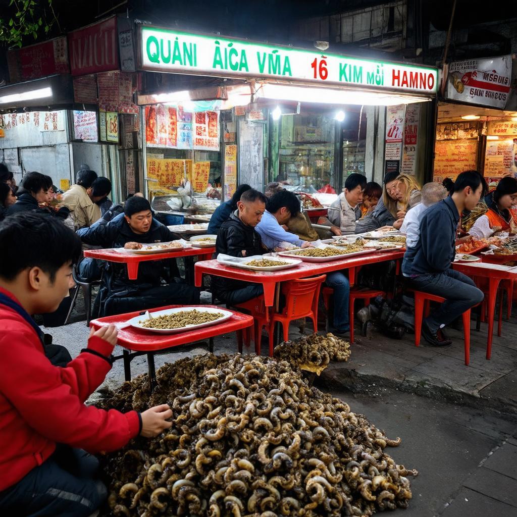 Không gian vỉa hè đặc trưng, bàn ghế thấp, đông đúc thực khách tại quán Ốc 166 Kim Mã Hà Nội.