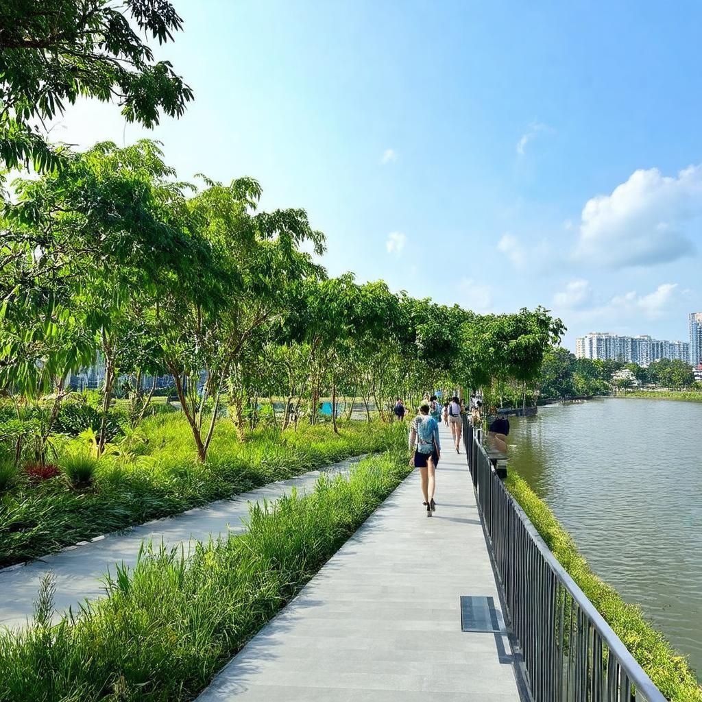 Không gian xanh mát và đường dạo bộ ven sông tại An Gia Riverside, tạo môi trường sống yên bình, thư thái