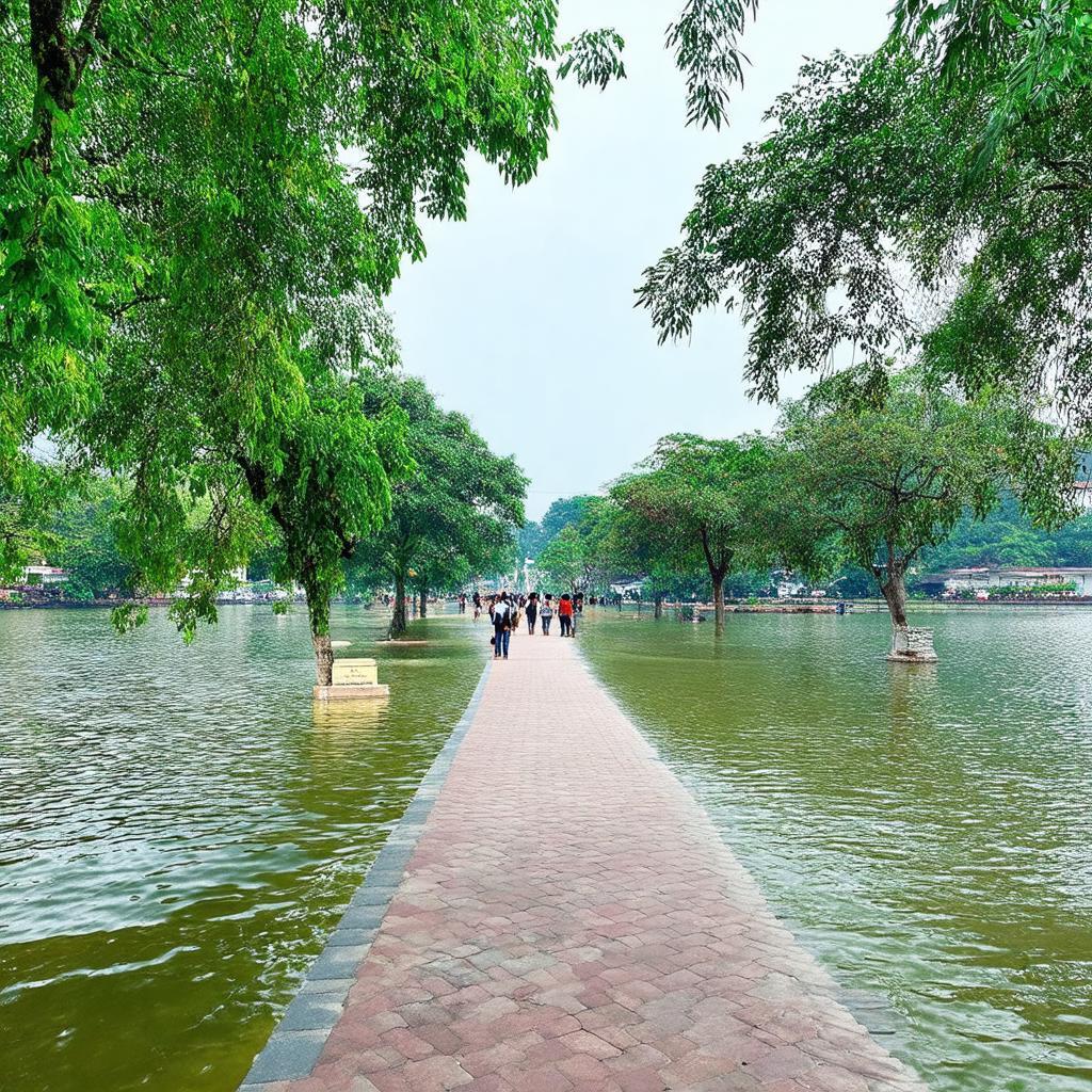 Hình ảnh không gian xanh mát, yên bình quanh Hồ Triều Khúc, Tân Triều nơi người dân thường đi dạo tập thể dục