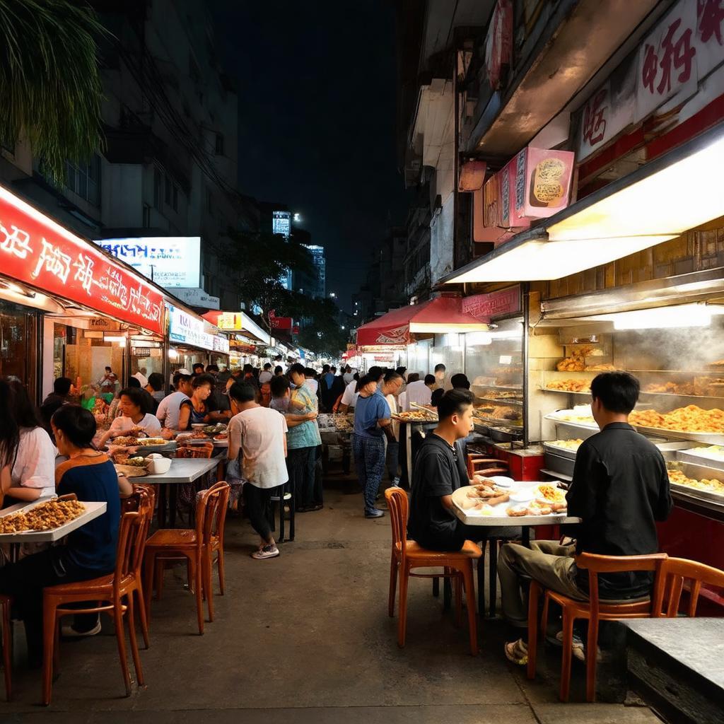 Không gian nhộn nhịp, đông đúc của một quán ốc vỉa hè Sài Gòn vào buổi tối.