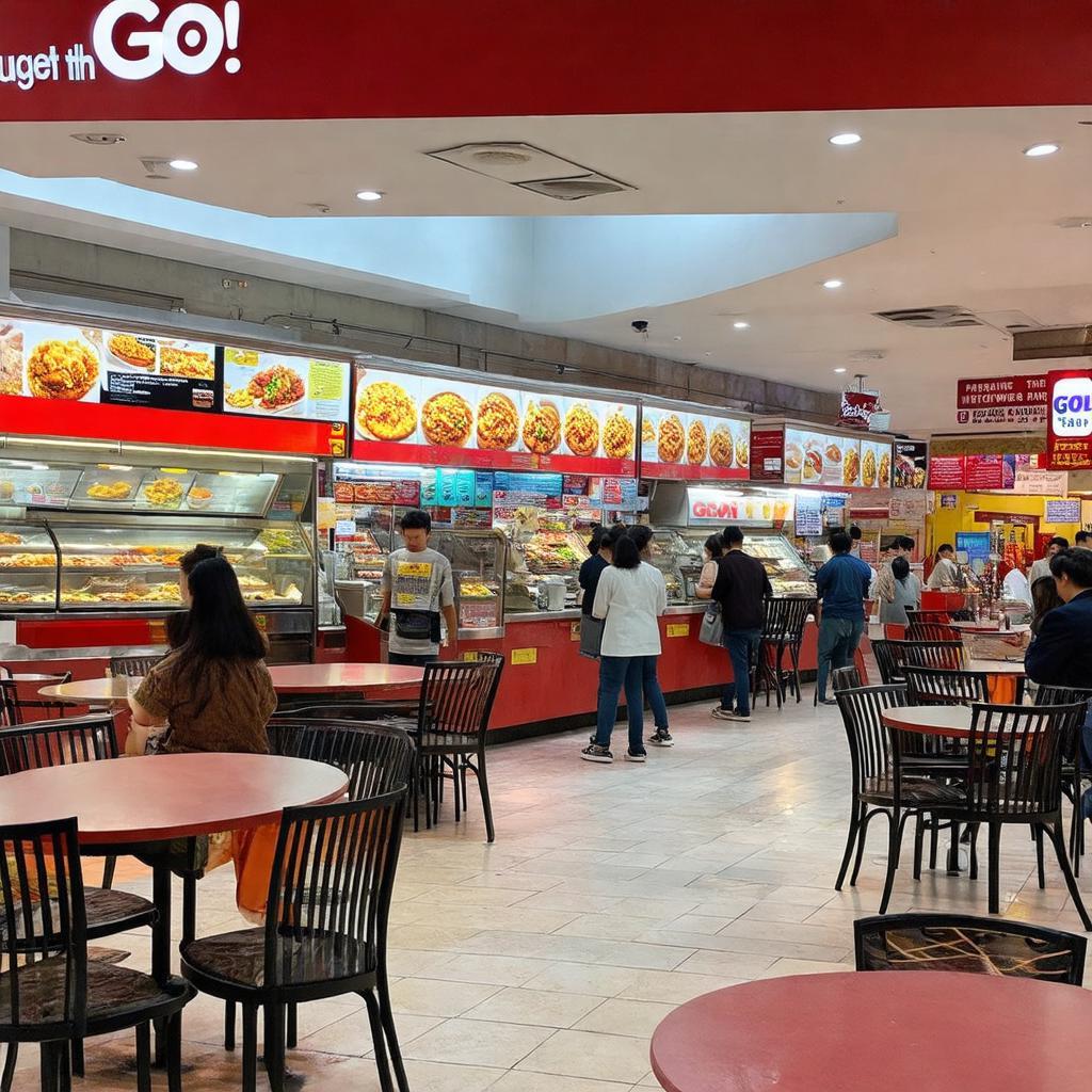 Không gian khu ẩm thực (food court) tại trung tâm thương mại GO! Nguyễn Thị Thập với nhiều gian hàng ăn uống