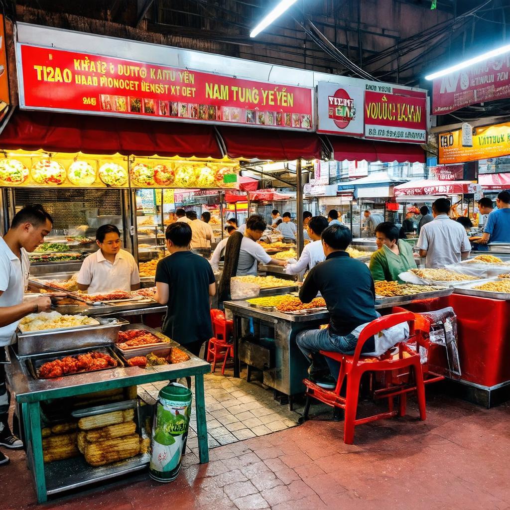 Khu ẩm thực nhộn nhịp với nhiều quầy hàng bán món ăn đường phố hấp dẫn tại chợ