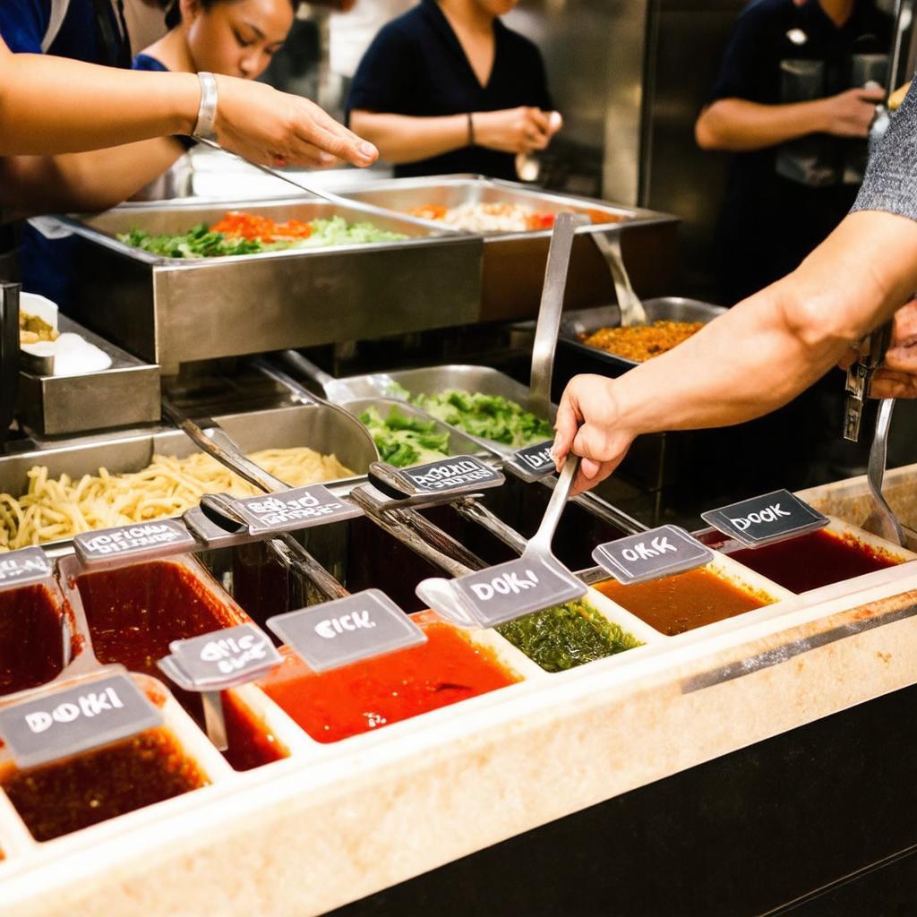 Khach hang dang lua chon nguyen lieu va pha che nuoc sot tai quay buffet Dookki Long Xuyen.