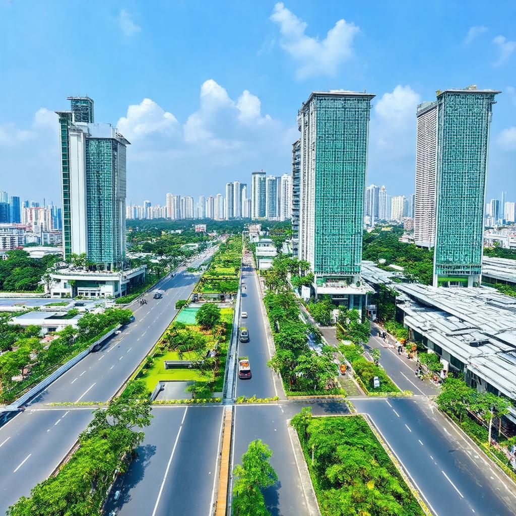 Toàn cảnh Khu Công Nghệ Cao TP.HCM tại Quận 9 cũ (nay là TP Thủ Đức) với các tòa nhà hiện đại và cây xanh