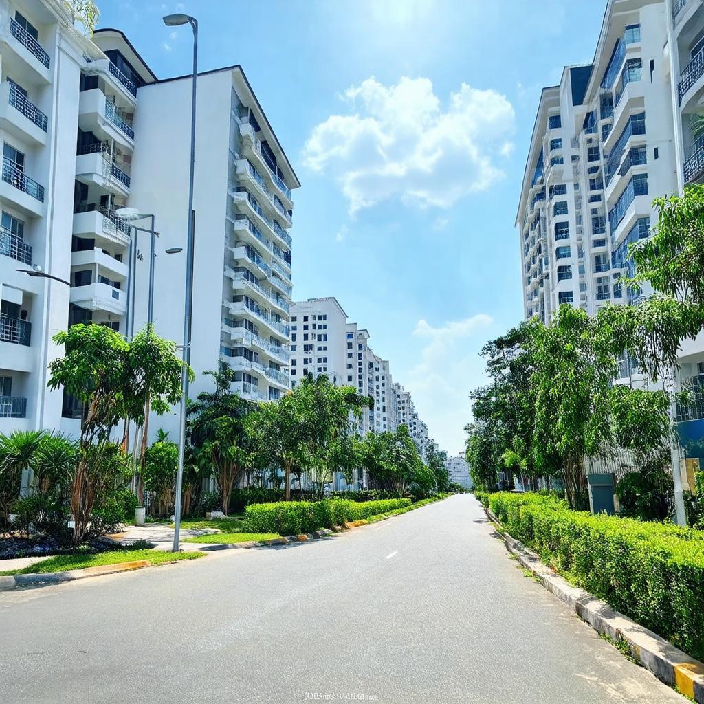 Khu dân cư hiện đại và cao cấp tại khu vực Rạch Bàng, Quận 7, gần đường Nguyễn Lương Bằng, với các tòa nhà chung cư và không gian xanh.