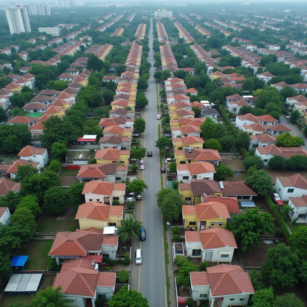 Hình ảnh tổng quan khu dân cư tại Lô Thiêu, Bình Hưng Hoà A, Bình Tân, cho thấy nhà cửa san sát và đường nội bộ.