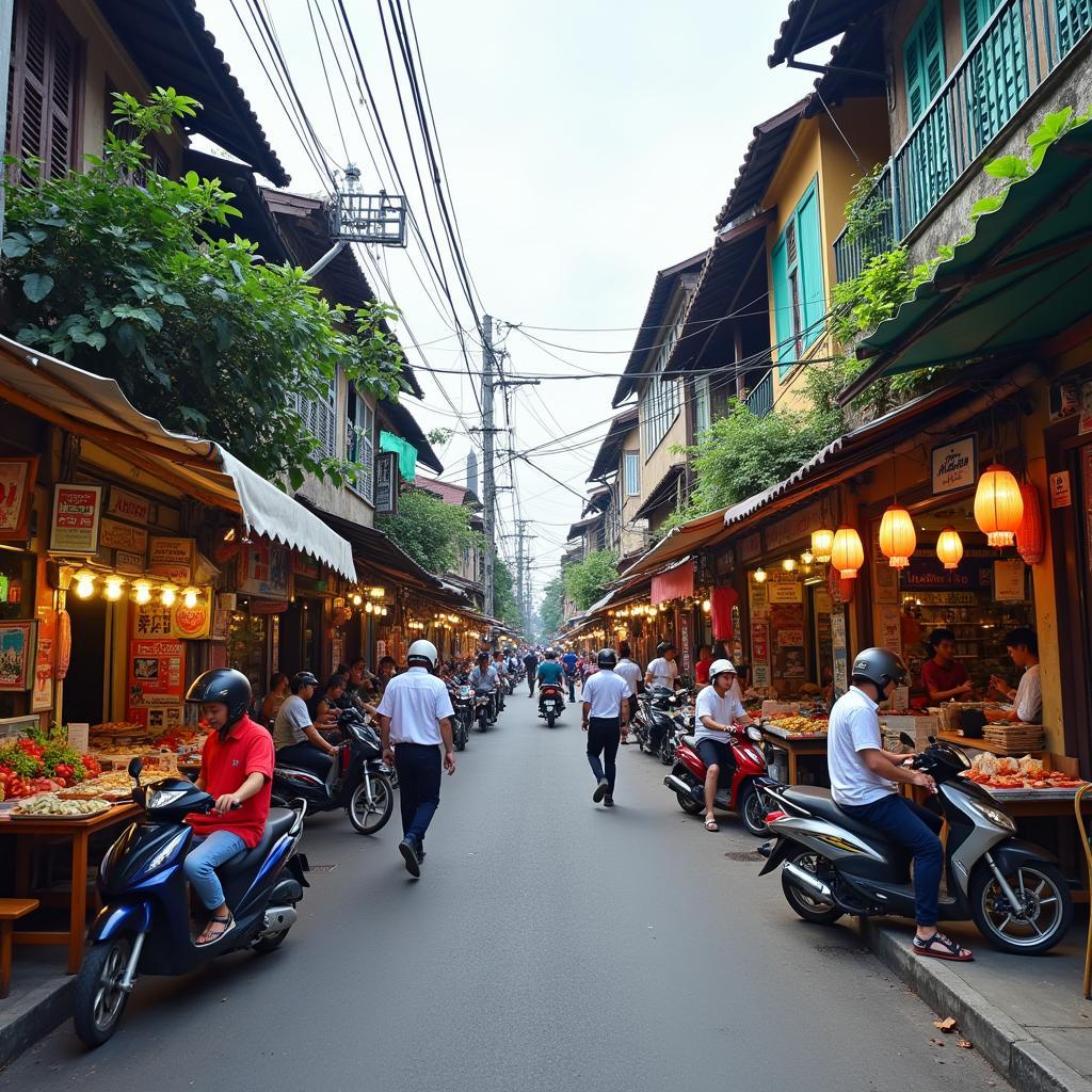 Khu vực dịch vụ sầm uất quanh Cầu Đình Trám, Hoàng Ninh với nhiều quán ăn, cửa hàng phục vụ công nhân.