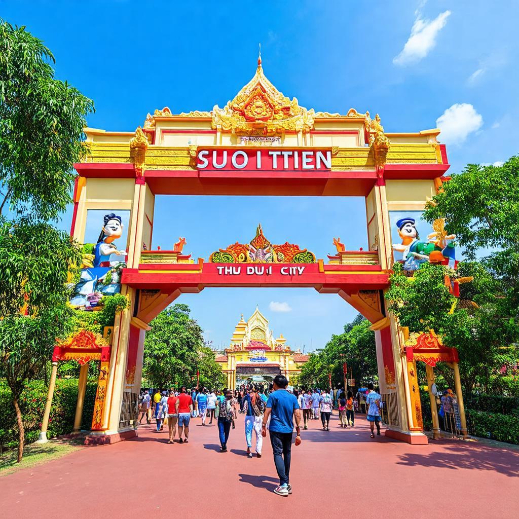 Cổng chính Khu du lịch Suối Tiên tại Thủ Đức, với kiến trúc độc đáo và màu sắc rực rỡ.