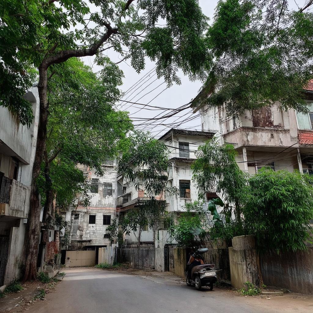 Kiến trúc cũ và không gian xanh mát tại Khu tập thể Đài phát thanh VOV Mễ Trì.