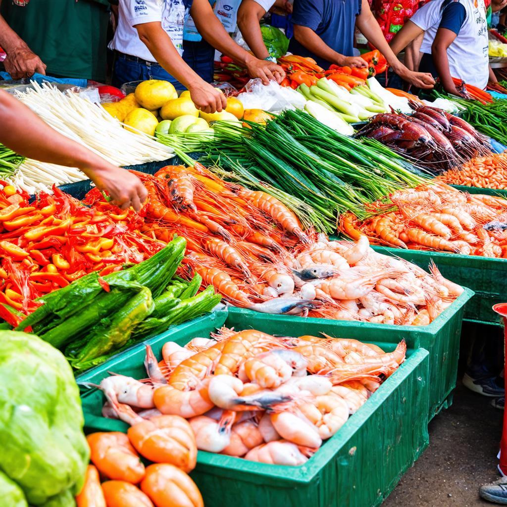 Khu vực bán thực phẩm tươi sống tại chợ P. 4 Vị Thanh với nhiều loại cá, tôm, rau củ tươi ngon.