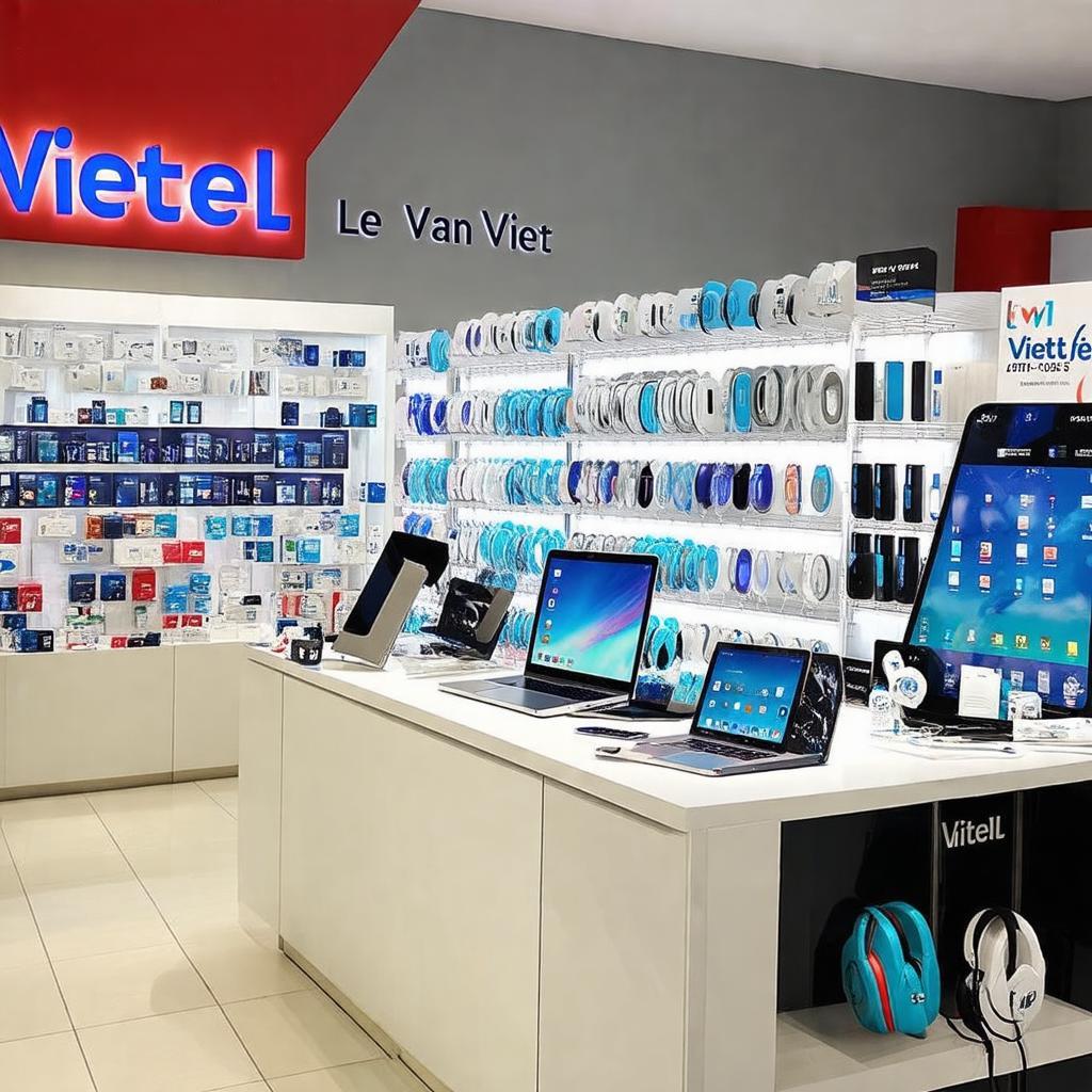 Khu vuc trung bay san pham da dang dien thoai laptop phu kien tai Viettel Store Le Van Viet.
