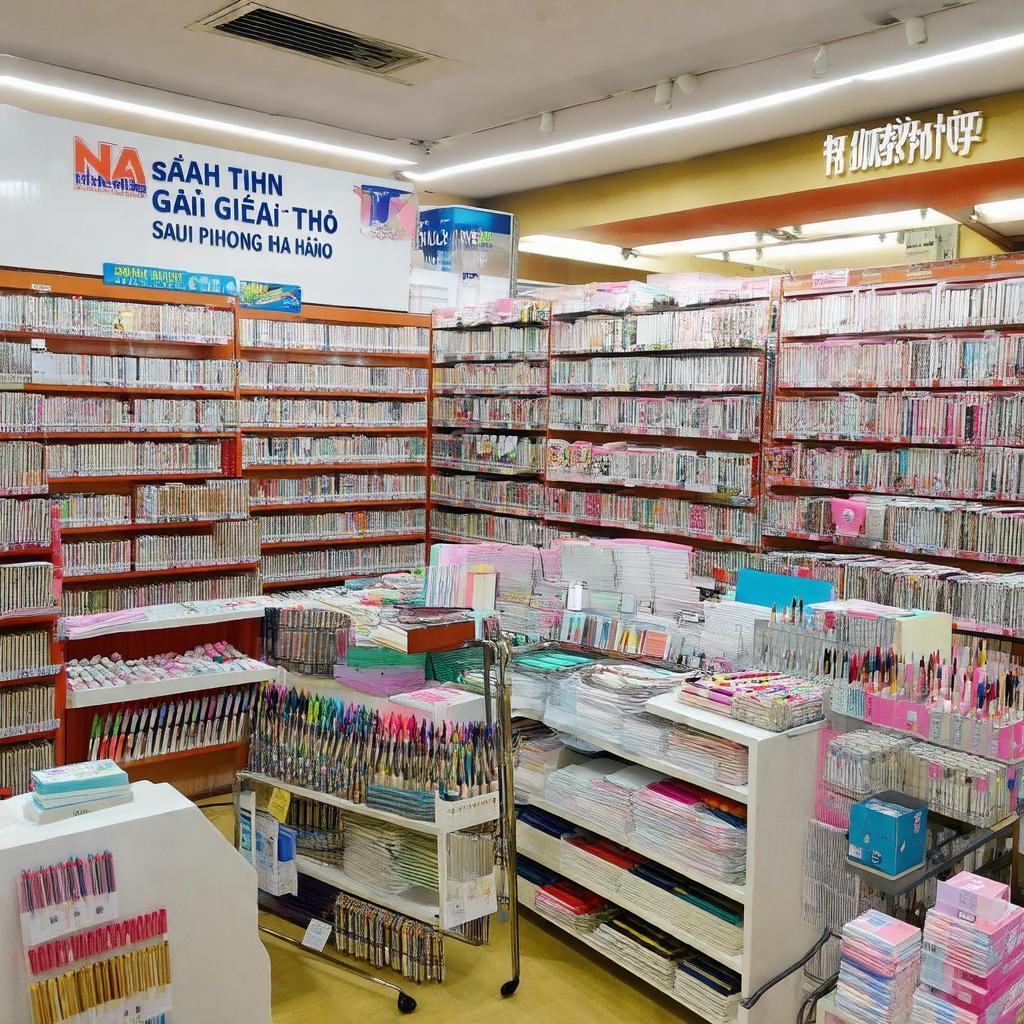 Khu vực văn phòng phẩm đa dạng, đầy đủ các loại dụng cụ học tập và làm việc tại nhà sách Tiến Thọ.