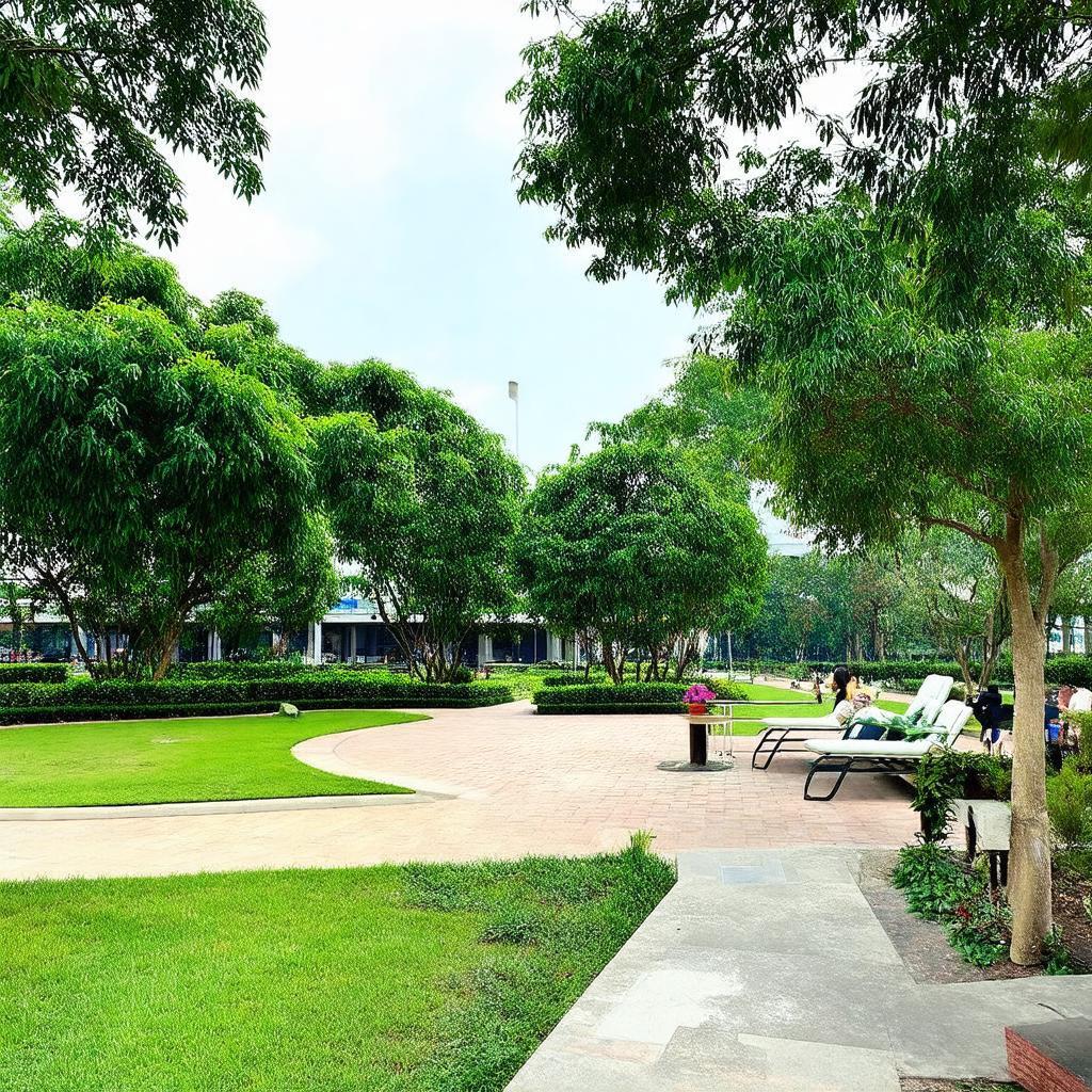 Một góc khuôn viên xanh mát bên trong KTX Đại học Ngân hàng tại Thủ Đức, nơi sinh viên có thể thư giãn