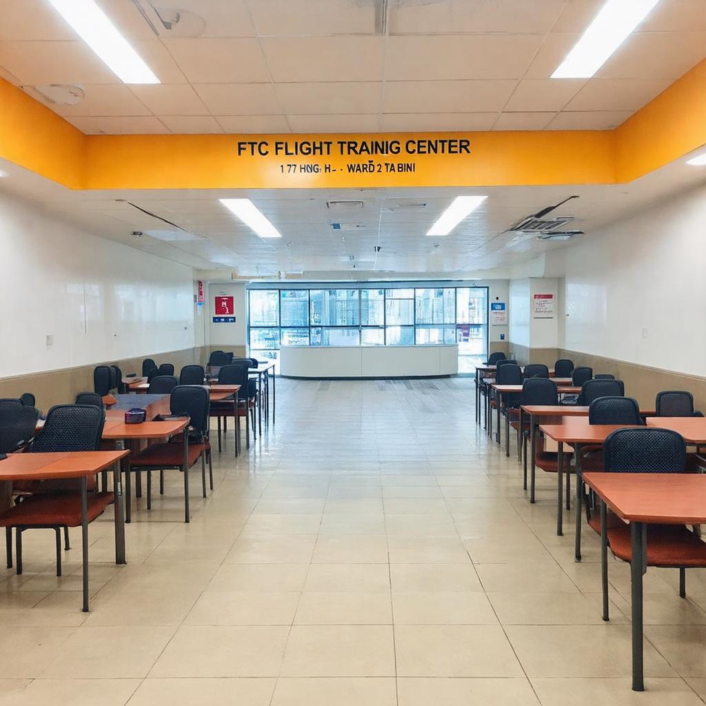 Một góc bên trong Trung tâm Huấn luyện Bay FTC tại 117 Hồng Hà với khu vực sảnh hoặc lớp học