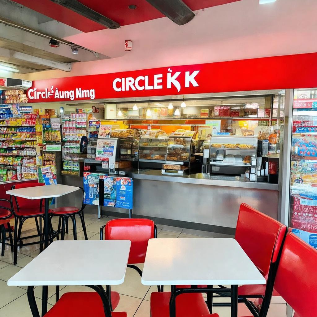 Khu vực chỗ ngồi và quầy đồ ăn nhanh tại Circle K Đặng Văn Ngữ