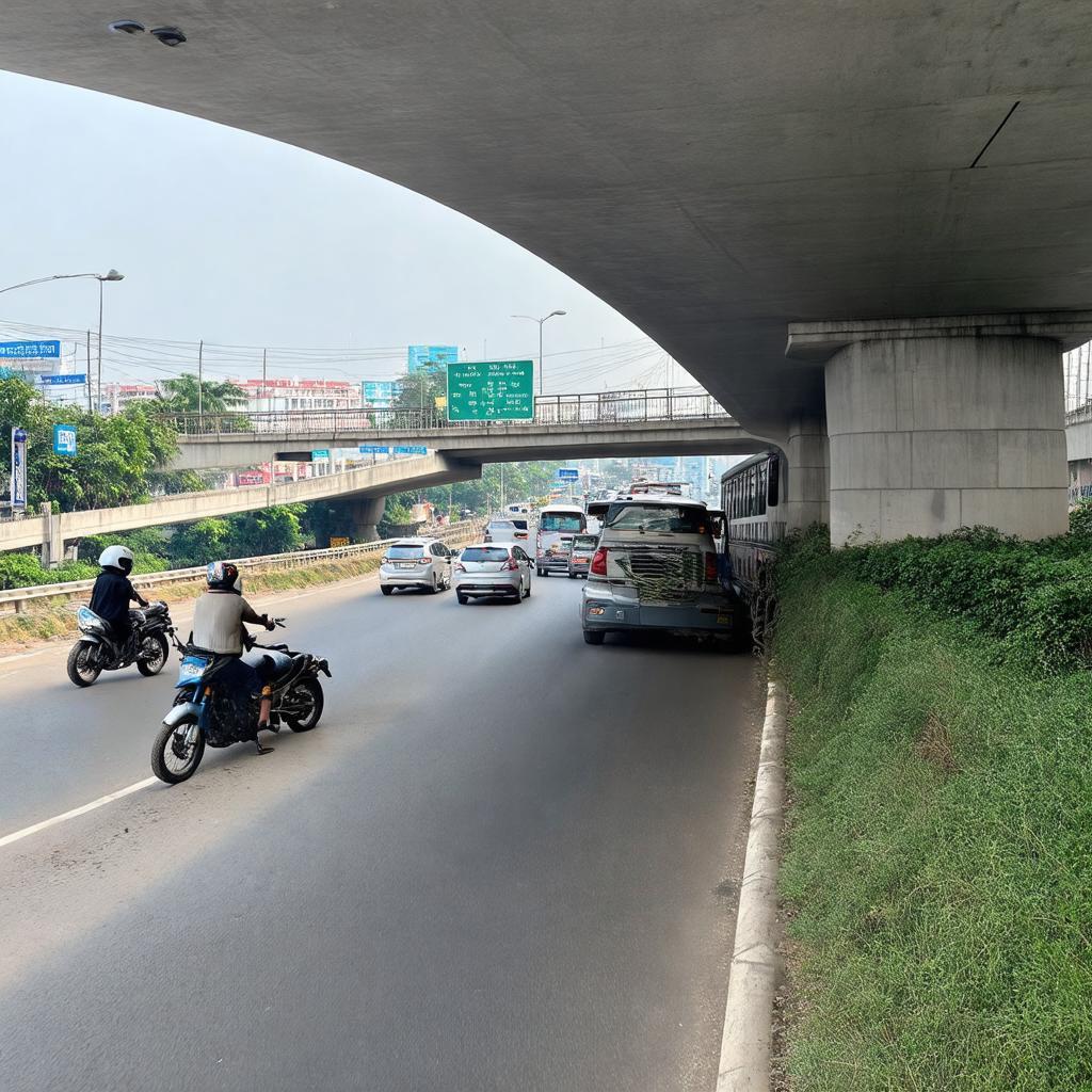 Khu vực dưới Cầu vượt Trạm 2, Xa lộ Hà Nội, thể hiện luồng xe hỗn hợp và cầu bộ hành.