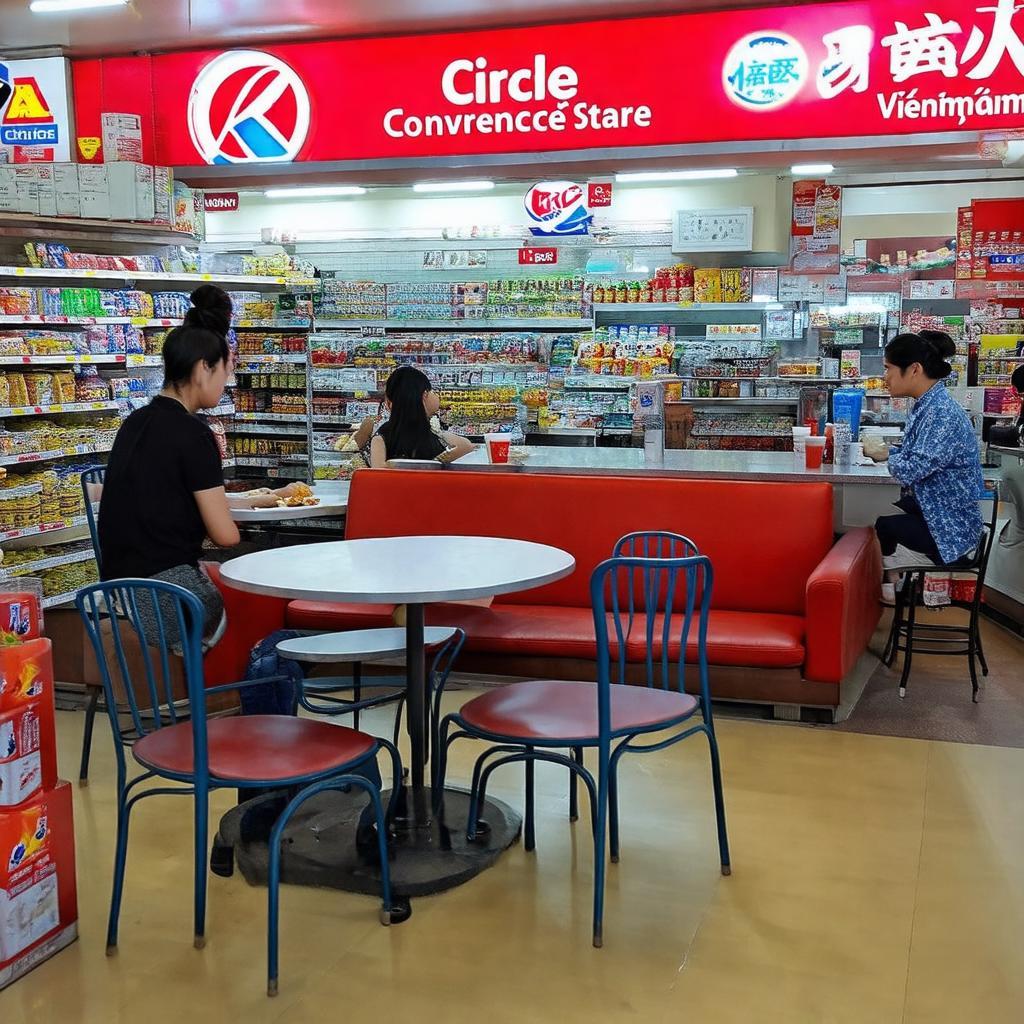 Khu vuc ghe ngoi ben trong Circle K 449 Le Van Viet, noi khach hang co the thuong thuc do an thuc uong.