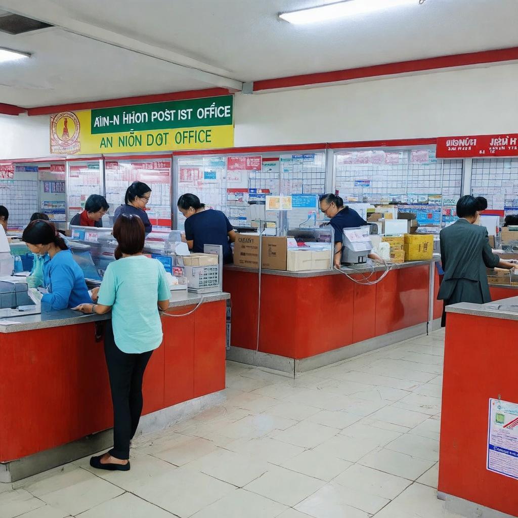 Bên trong Bưu Điện An Nhơn với các quầy giao dịch phục vụ gửi nhận bưu phẩm và dịch vụ tài chính