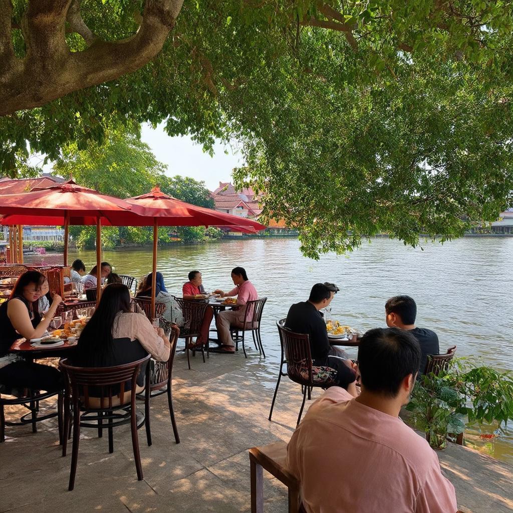 Khu vực ngồi ngoài trời tại Thư Nga 2 cạnh bờ sông Sài Gòn với không gian thoáng đãng, yên bình.