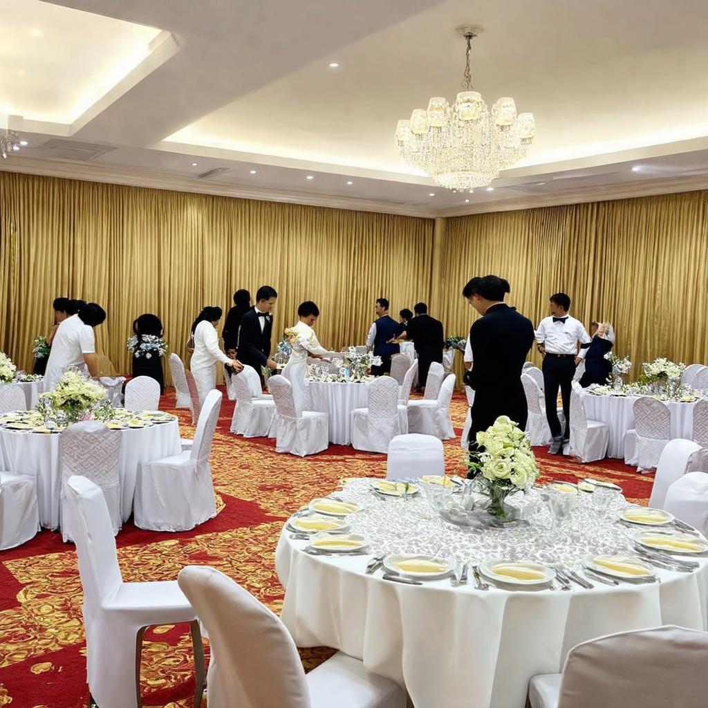 Khu vực bàn tiệc và dịch vụ phục vụ tại Trung tâm Hội nghị White Palace Phạm Văn Đồng trong một buổi tiệc cưới