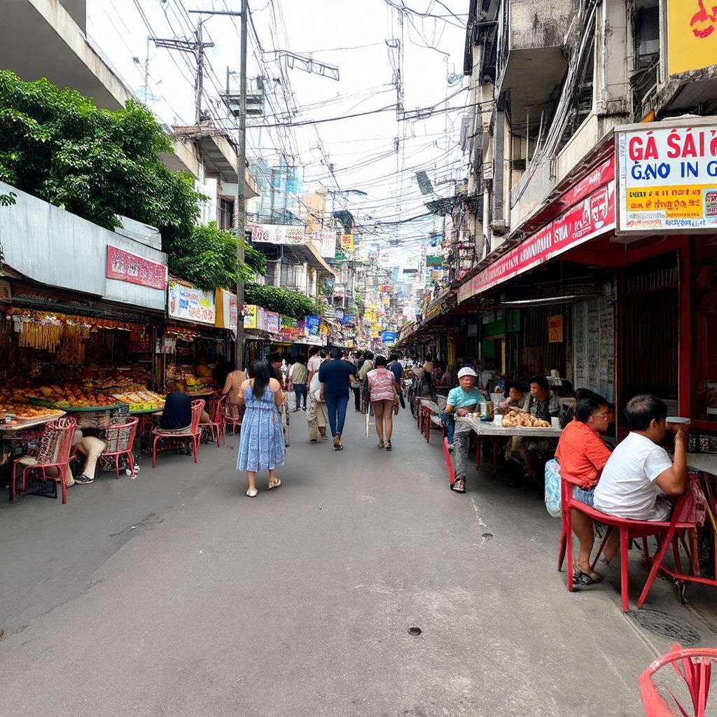 Khu vực đường phố gần Ga Sài Gòn tấp nập với nhiều hàng quán ăn uống phục vụ hành khách và người dân.