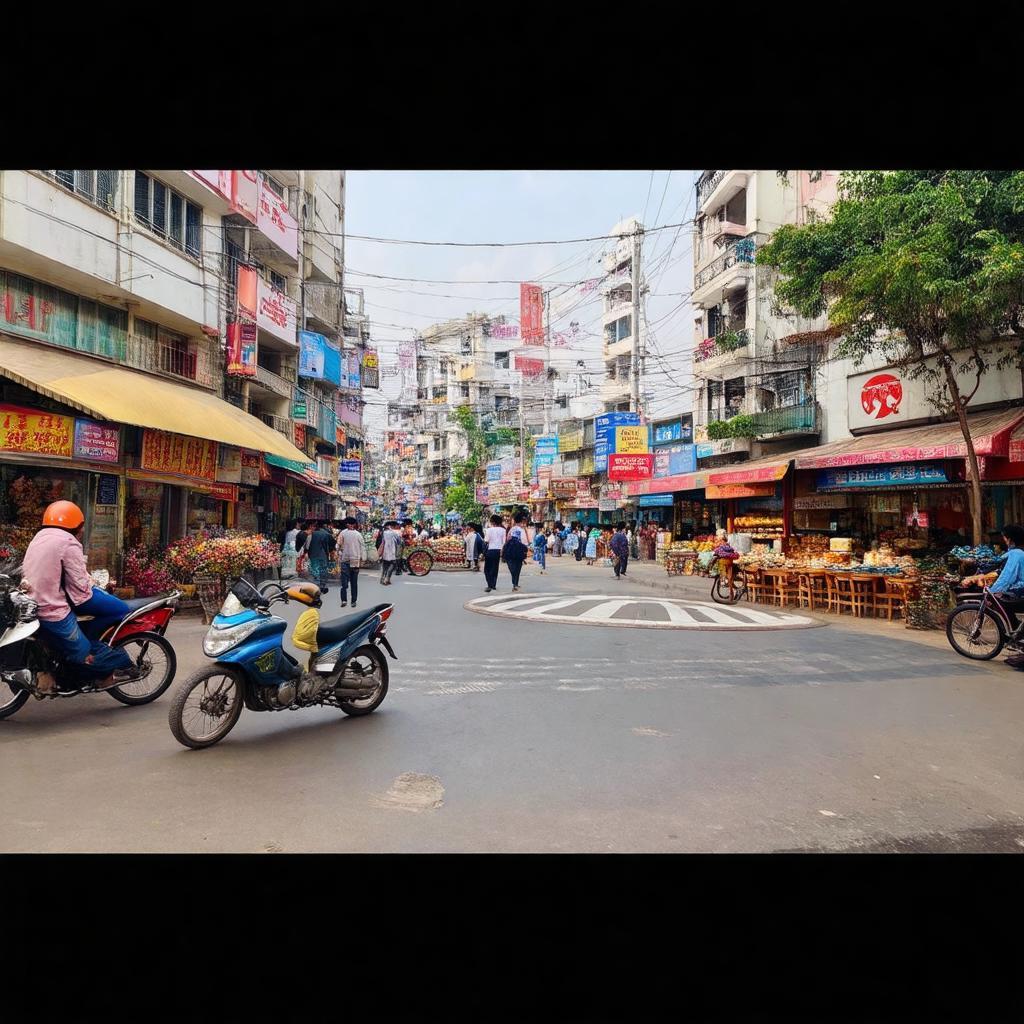 Khu vực sầm uất với nhiều dịch vụ, cửa hàng, quán ăn xung quanh Vòng xoay Đồng Xoài.
