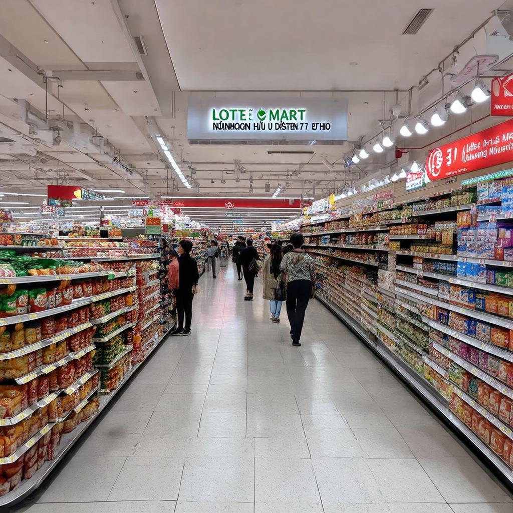 Bên trong khu vực siêu thị chính tại Lotte Mart Nguyễn Hữu Thọ Quận 7 với nhiều quầy hàng