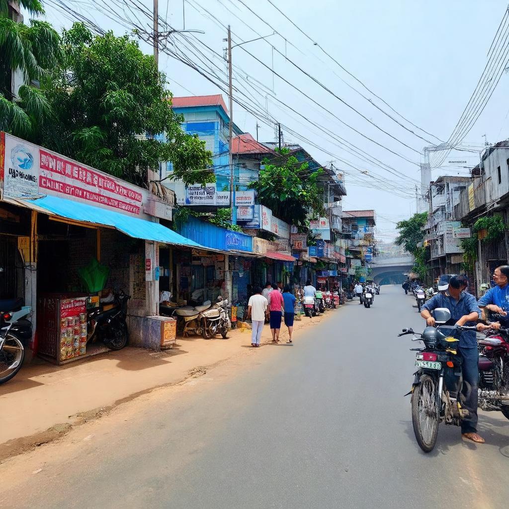 Khu vực sầm uất gần Cầu Sông Buông Phước Tân, Đồng Nai với quán ăn, cửa hàng.