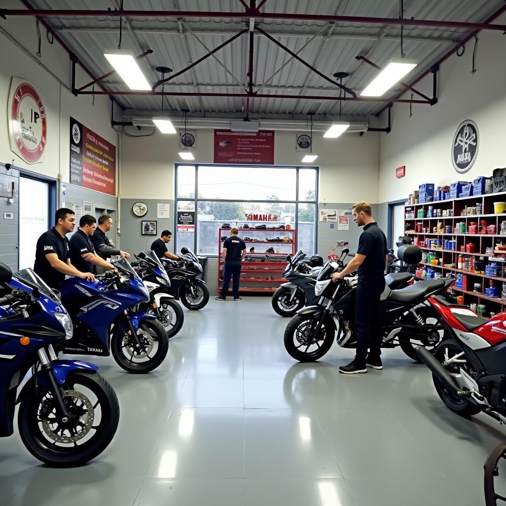 Khu vực sửa chữa bảo dưỡng xe máy tại Yamaha Đà Lạt Town sạch sẽ chuyên nghiệp