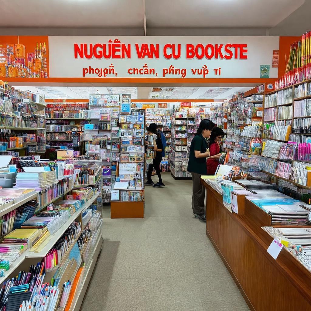 Khu vực văn phòng phẩm tại Nhà sách Nguyễn Văn Cừ Phan Văn Trị, trưng bày đa dạng dụng cụ học tập và làm việc.