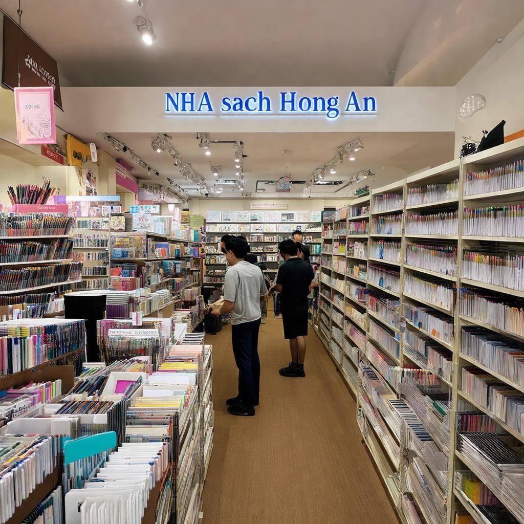 Khu vực văn phòng phẩm đa dạng tại Nhà sách Hồng Ân, cung cấp nhiều loại dụng cụ học tập và làm việc.