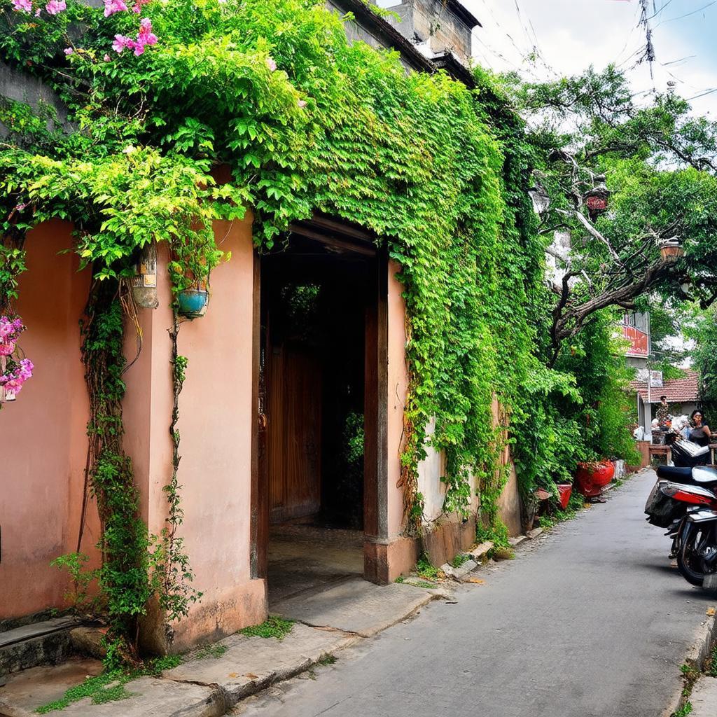 Khung cảnh yên bình, thơ mộng của khu vực Vỹ Dạ, Huế, với những khu vườn và ngõ nhỏ.
