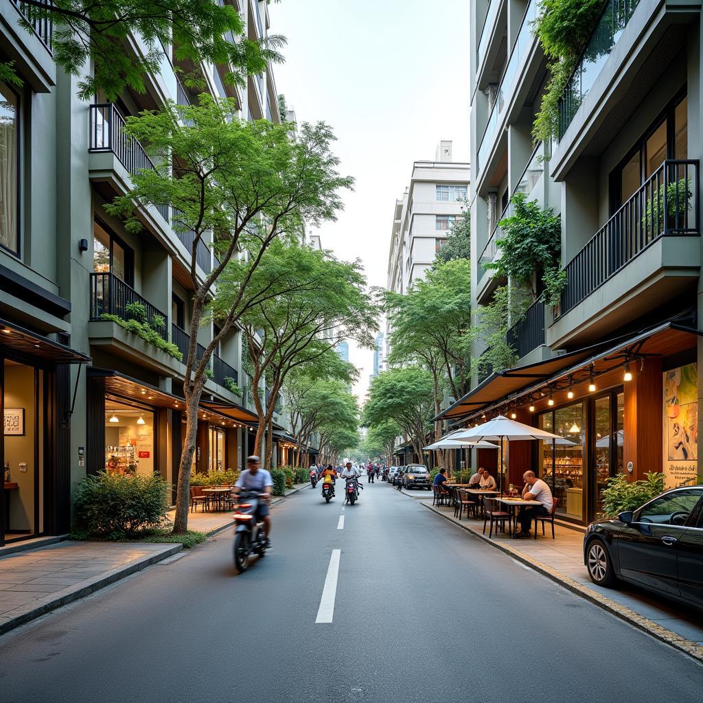 Khung cảnh đường phố sầm uất gần Chung cư Sen Xanh với nhiều cửa hàng, tiện ích