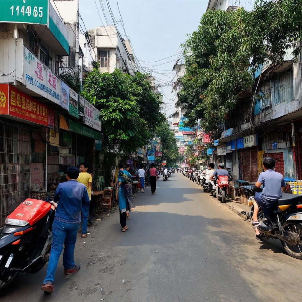 Quang cảnh đường Phúc La gần UBND phường, với các cửa hàng, dịch vụ tiện ích.